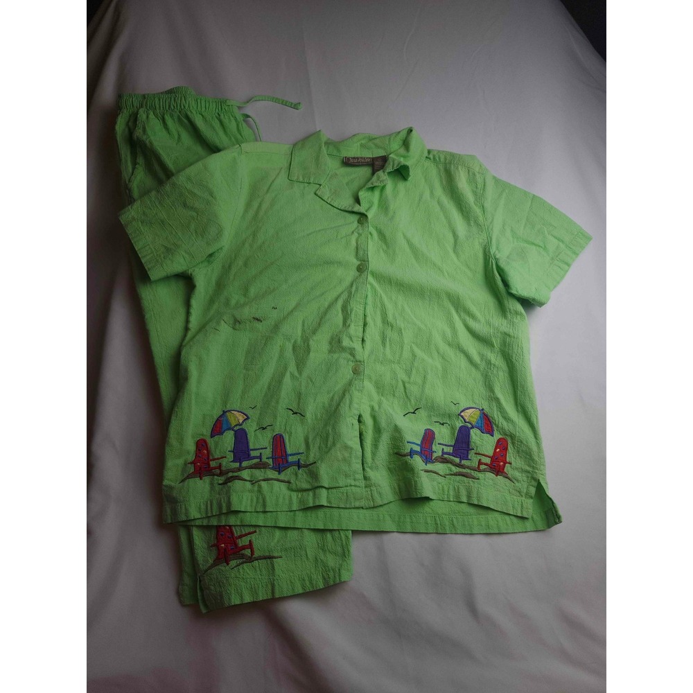Jane Ashley Womens Lime Green Cotton Pajama Set Beach Embroidery Size L 2 Piece